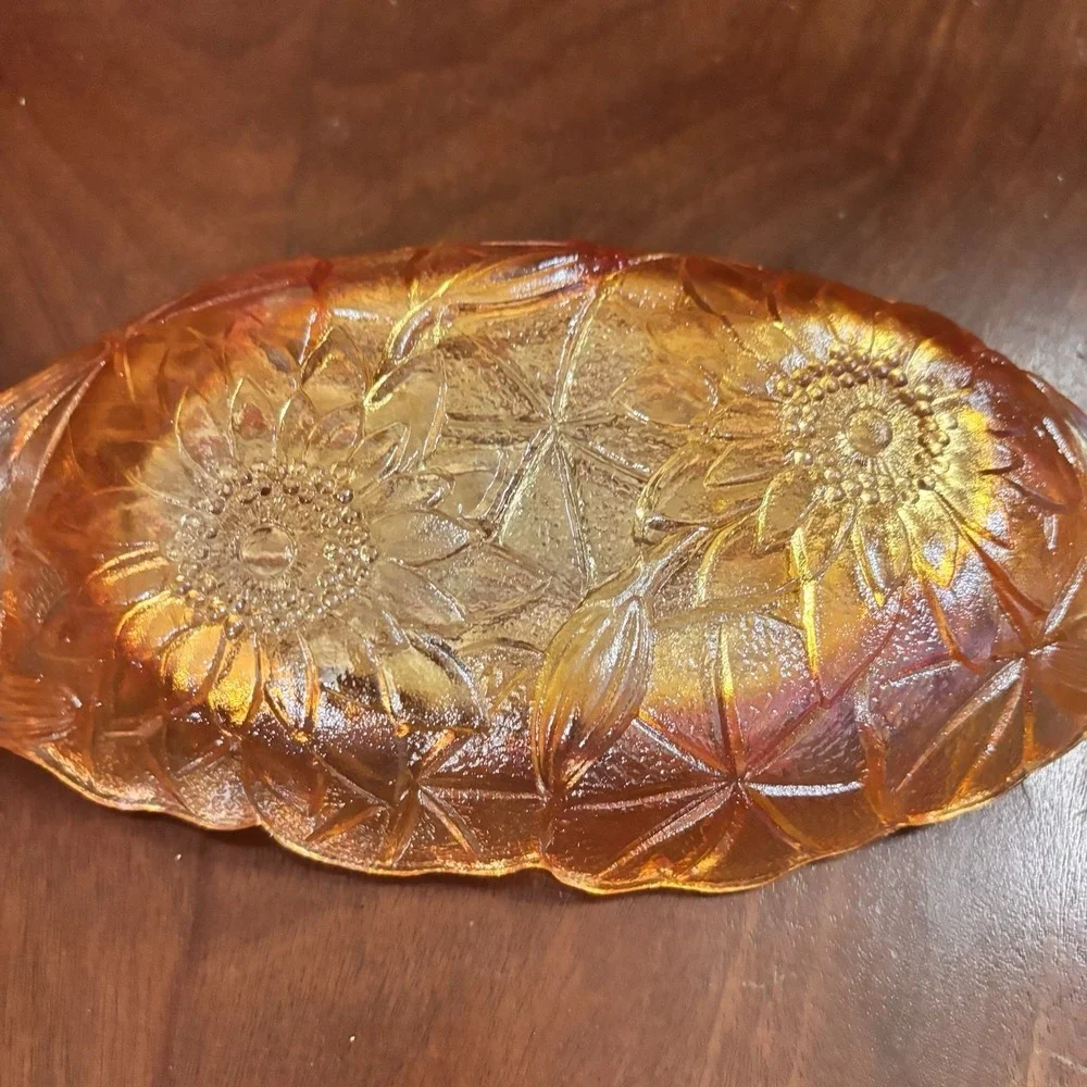 Vintage Indiana Carnival Glass Marigold Relish Dish Iridescent‎ Floral Handled